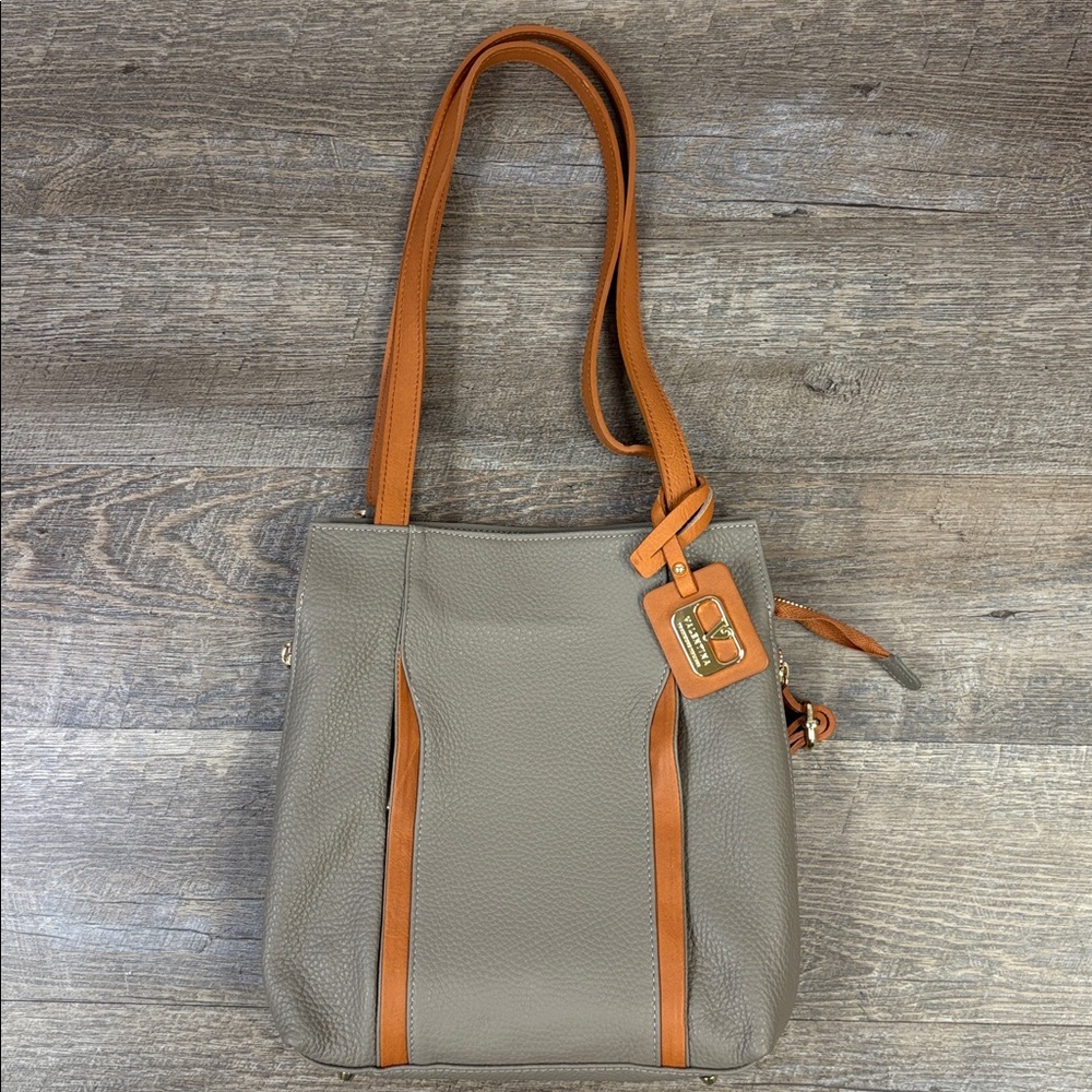 Valentina Genuine Leather Backpack Tote Grey with Cognac Trim Made in Italy